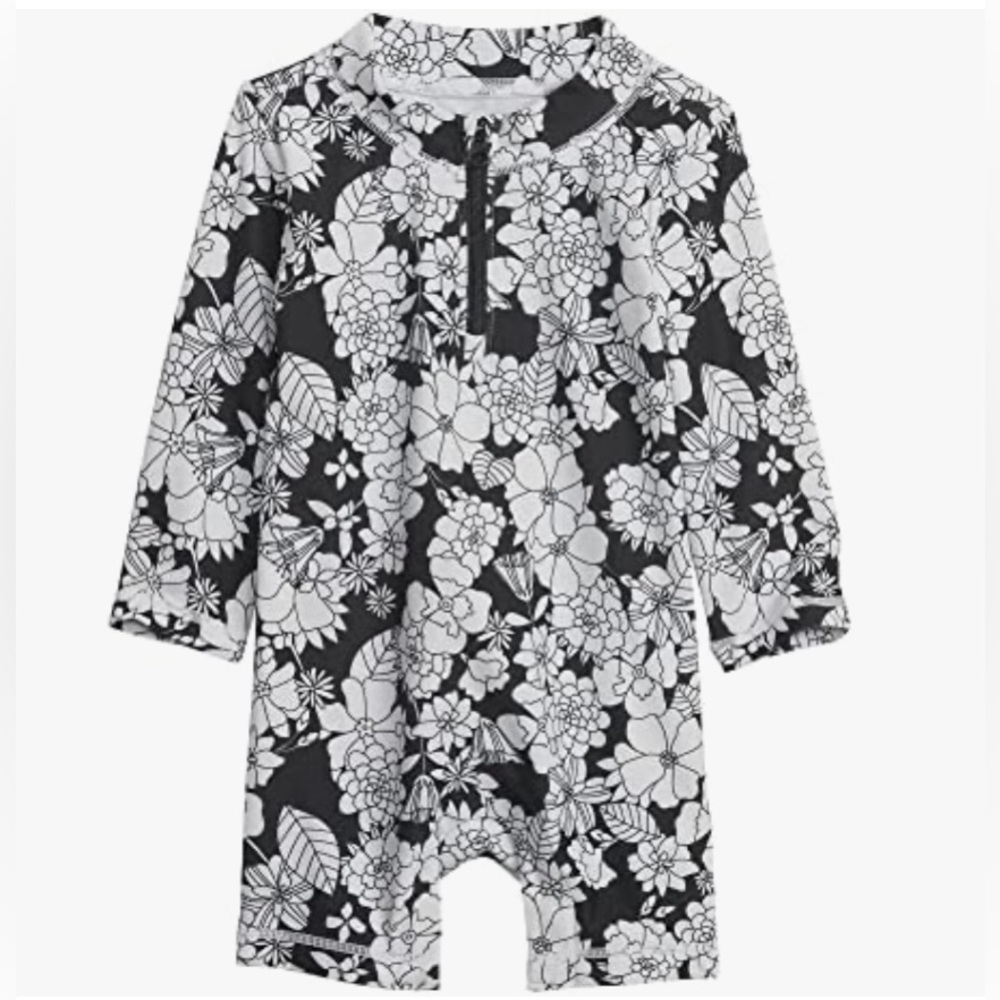 Black & White Floral Baby One-Piece Rash Guard 3-6 M - Picture 5 of 7